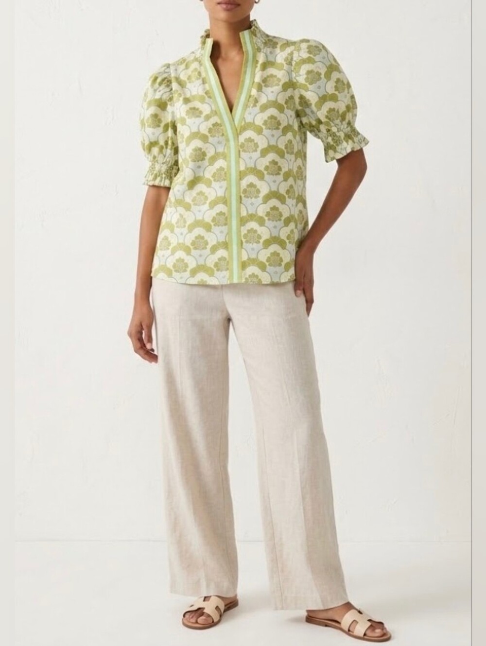 Entro Green Floral Hippie Shirt Size S Small Blouse Ruffle Sleeves Hippie Blouse